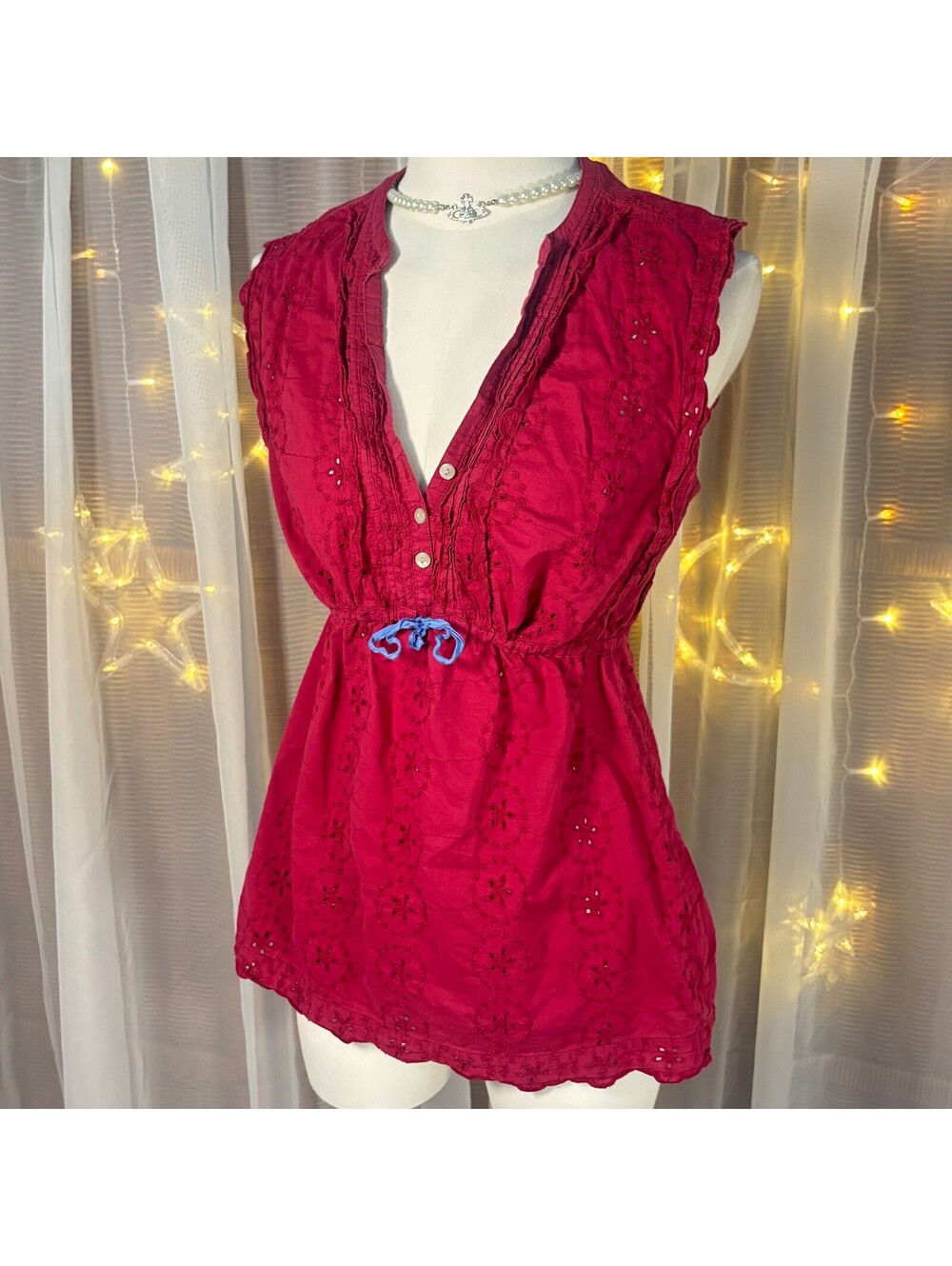 Converse 100% Cotton Eyelet Babydoll Tunic Top Pink Sleeveless Size Small Boho